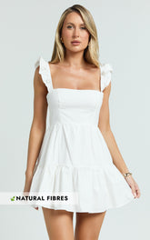 Miles Mini Dress - Ruffle Sleeve Tiered Dress in White